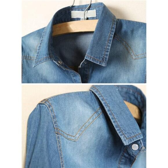 Women's Denim Crop Top Roll Up 3/4 Sleeve Shirt Tie Front Knot Chambra - Picture 3 of 7